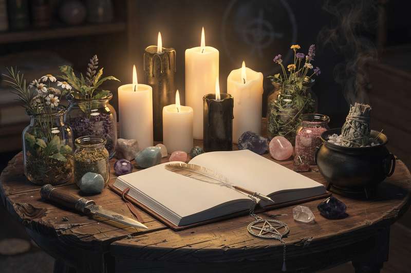 Ingredients and herbs arranged on a kitchen counter for preparing magical cooking recipes.