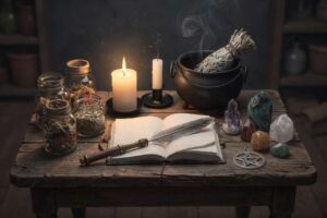 Crescent moon and stars symbolizing lunar witchcraft practices and celestial magic rituals.