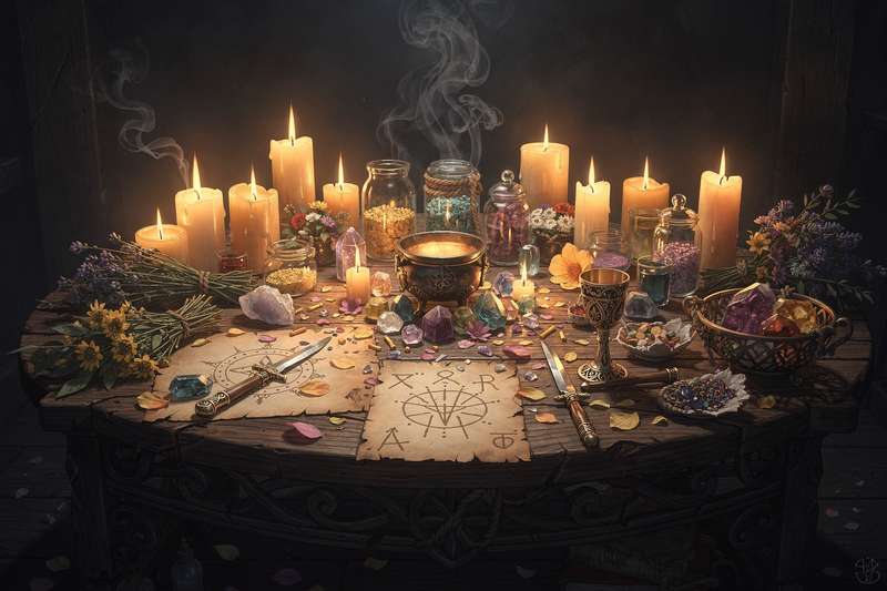 Interactive quiz interface showing personality-based questions to identify different witch archetypes and magical practices.