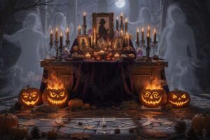 Candlelit altar arranged with autumn leaves, crystals, and ritual tools for Samhain observance.