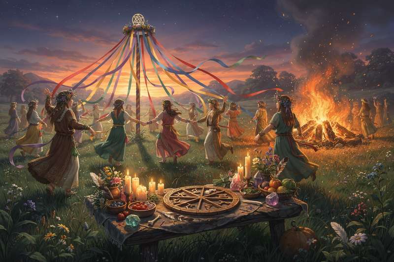Sacred bonfire lit during Beltane spring celebration with participants gathered around glowing flames.