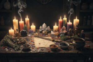 Handwritten mystical sigil drawn on parchment with candles and herbs for magical charging ritual.