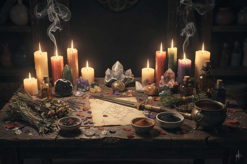Handwritten mystical sigil drawn on parchment with candles and herbs for magical charging ritual.