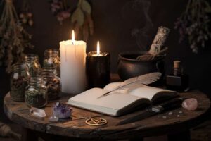 Assorted gemstones and crystals arranged for spell work and magical practice.