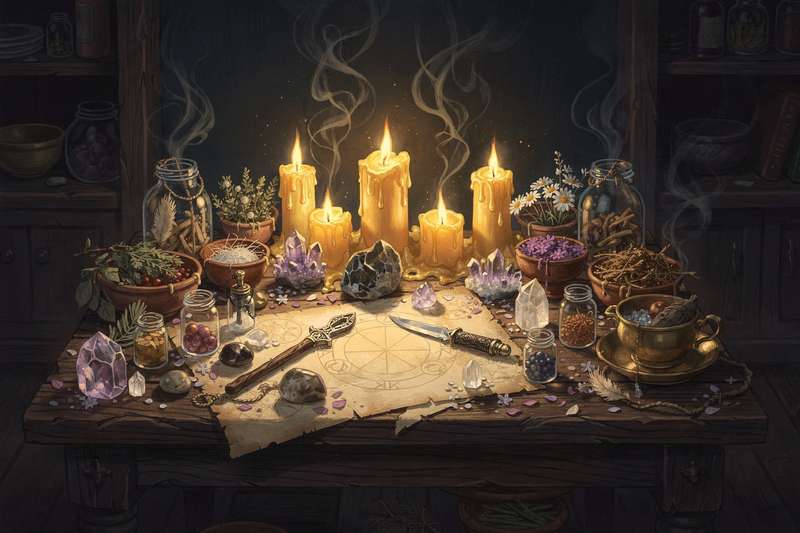 Common herbs arranged on a wooden surface for magical spellwork and ritual practice.