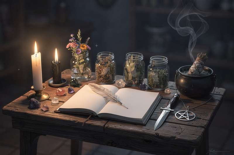 Four elemental symbols representing earth, air, fire, and water magic traditions for witchcraft practice.