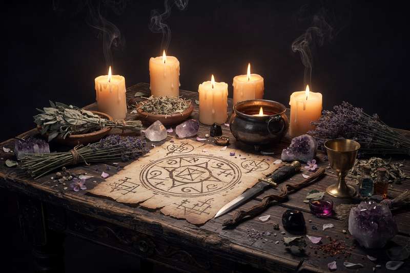 Tarot cards, rune stones, and crystal ball arranged together on an altar cloth for divination practice.