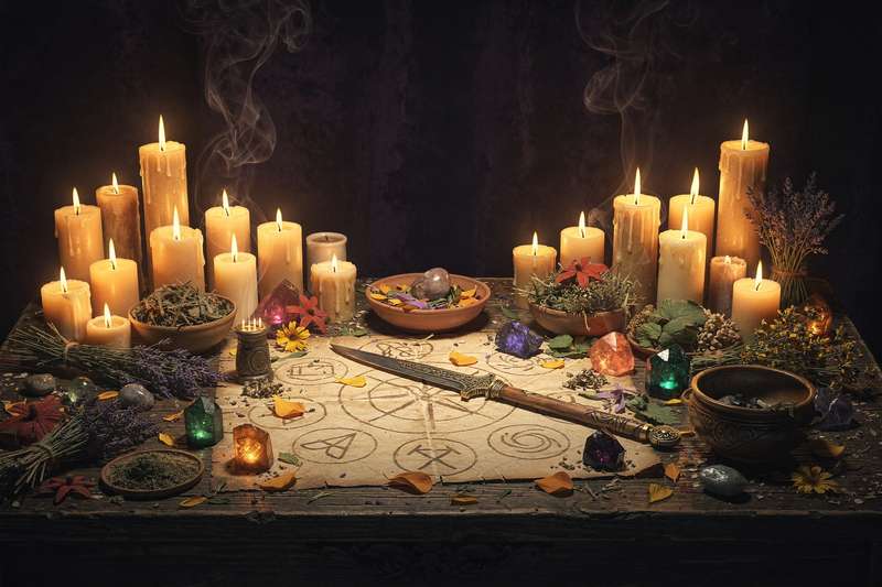 Wooden altar decorated with candles, crystals, herbs, and ritual tools arranged on a black cloth.