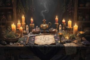 A leather-bound journal with handwritten spells and botanical illustrations for creating a personal grimoire.