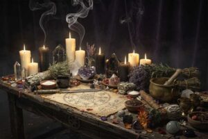 Assorted dried herbs, crystals, and colored candles arranged near an empty glass jar for spell-making.