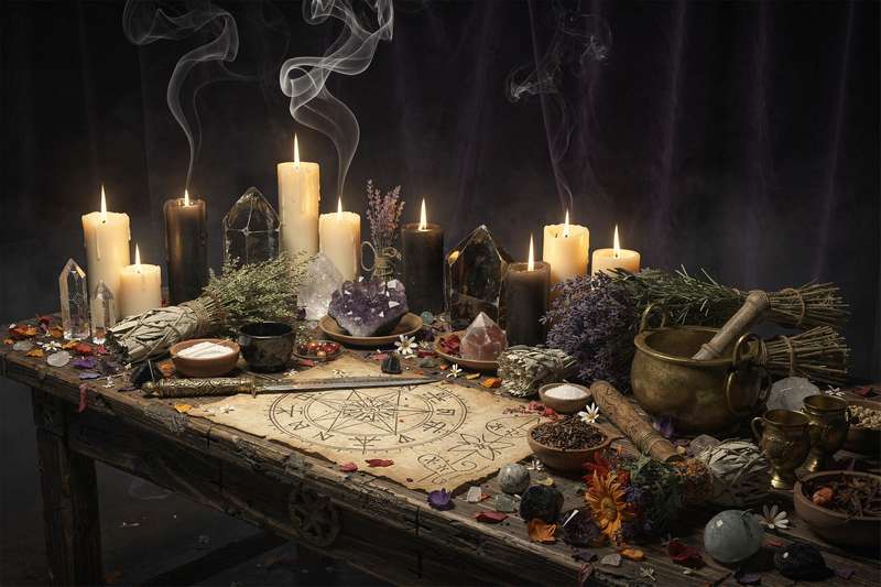 Assorted dried herbs, crystals, and colored candles arranged near an empty glass jar for spell-making.