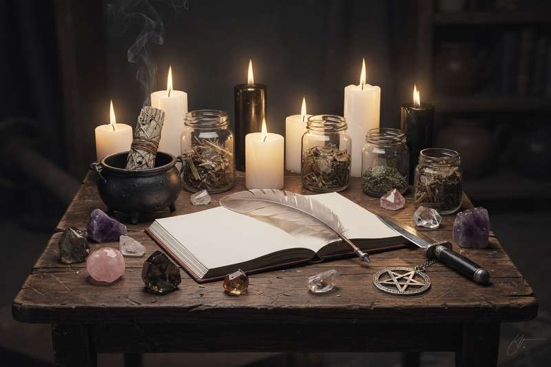 Colorful crystal specimens arranged on a wooden surface for healing and magical practice.