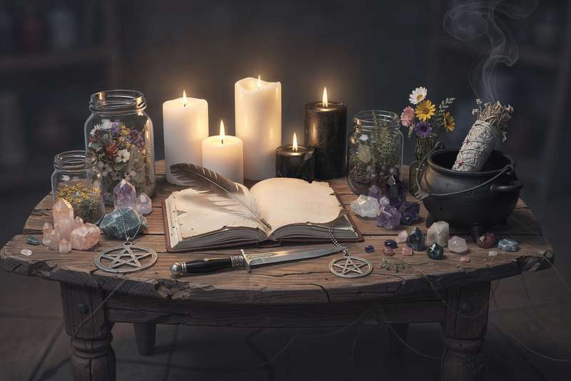 Beginner witch arranging crystals and herbs on an altar for a morning spiritual practice.