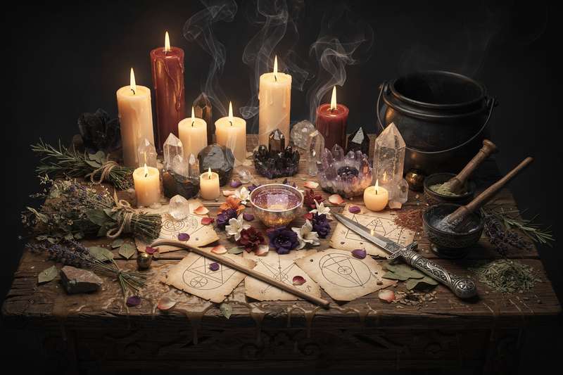 Arranged gemstones and crystals forming a sacred geometric pattern for manifesting personal goals.