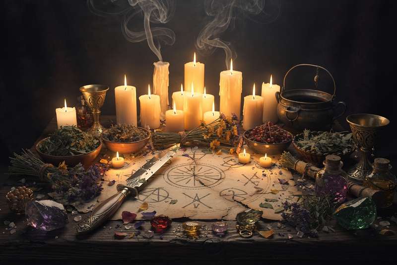 A collection of dried herbs and botanicals arranged on a wooden surface for witchcraft practices.