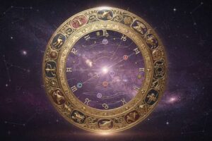 Digital interface displaying planetary positions and zodiac wheel for personal astrological natal chart analysis.