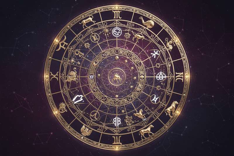 Circular diagram showing zodiac signs, planetary positions, and house divisions representing an individual's birth chart.