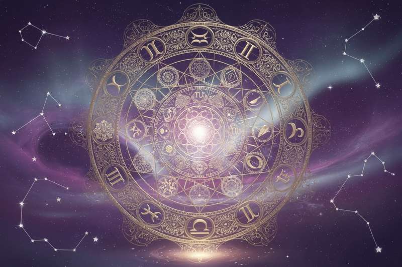 Zodiac wheel divided into four colored sections representing fire, earth, air, and water elements with corresponding...