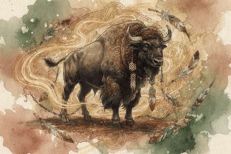 Buffalo standing in vast grassland representing strength, grounding energy, and natural abundance.