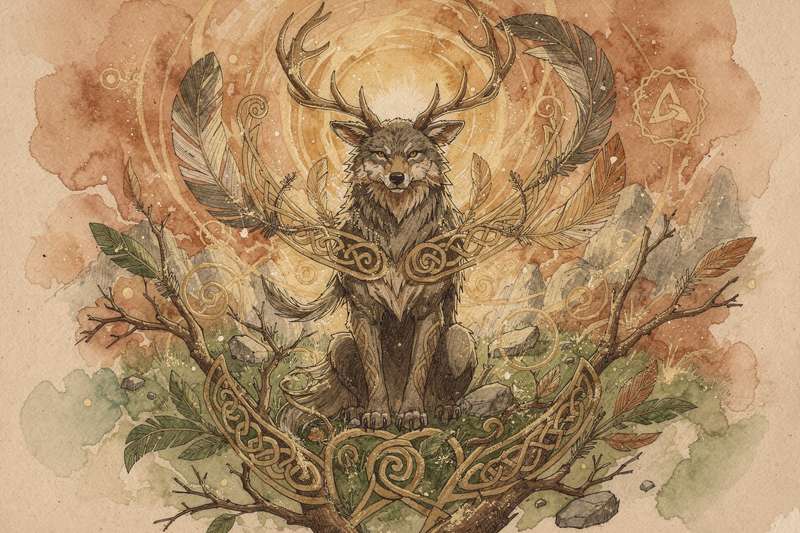 Ancient Celtic symbols and spiritual creatures representing sacred guides in Celtic tradition.