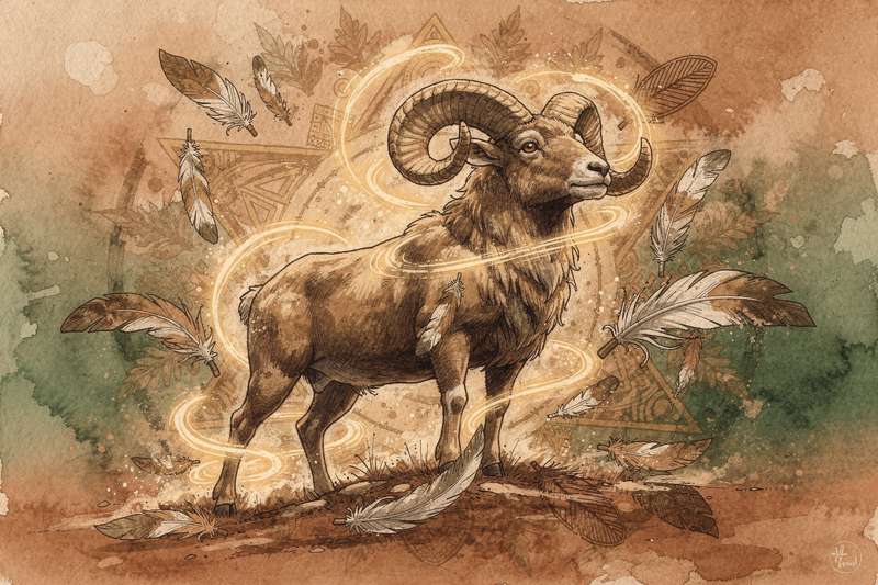 Majestic ram with curved horns standing on rocky mountain terrain symbolizing courage and determination.