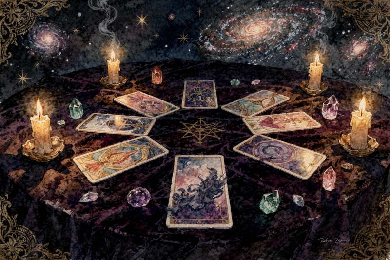 Twelve tarot cards arranged in a circular layout representing months of personal growth and celebration.