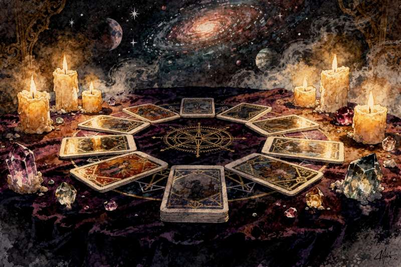 Five tarot cards arranged in a cross pattern showing decision-making guidance for choosing between two life paths.