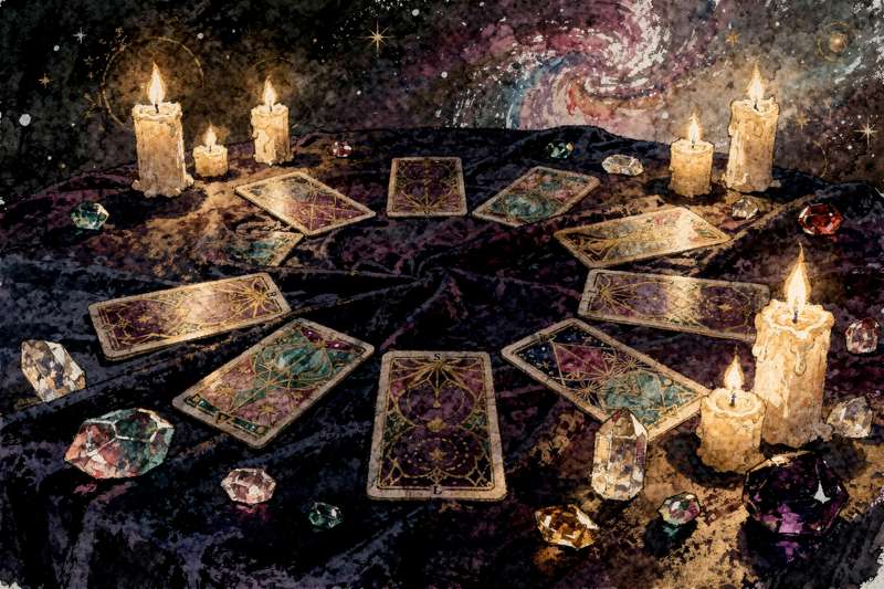 Tarot cards arranged in a healing spread layout designed to reconnect with and nurture your inner child.