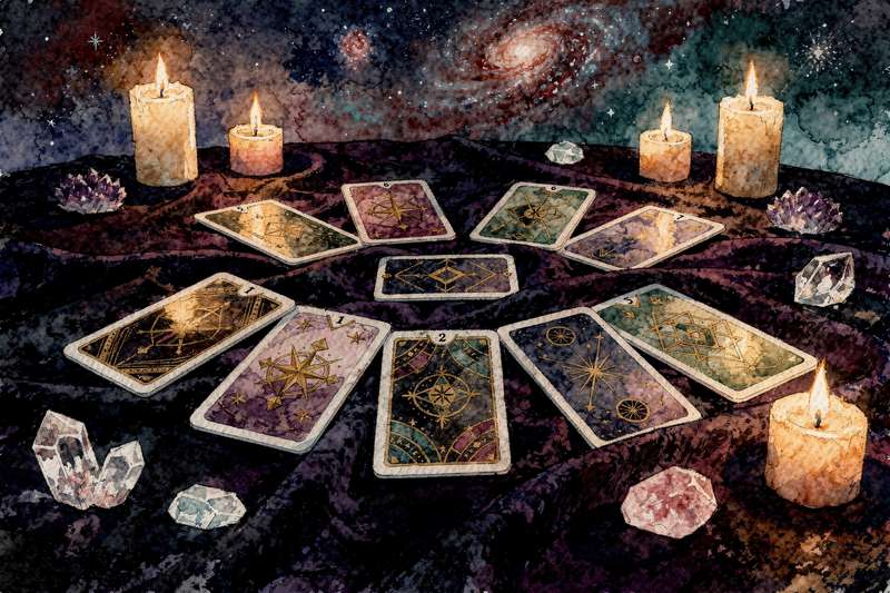 Tarot cards arranged in a spread pattern representing spiritual development and personal transformation.