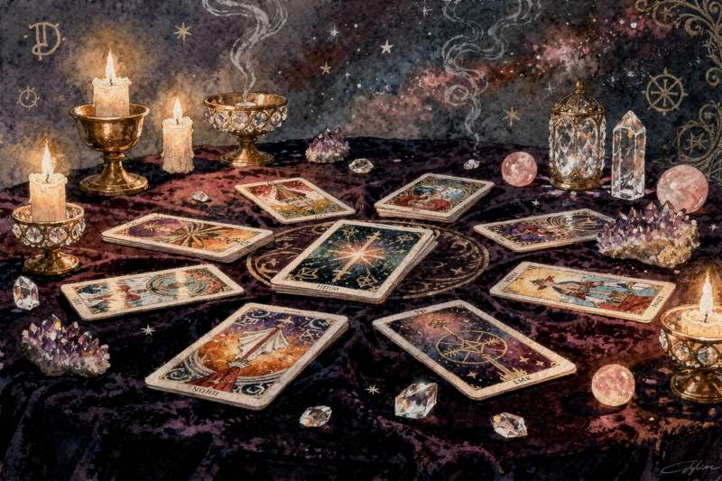 Daily tarot card layout arranged in seven positions representing each day of the week for personal guidance.
