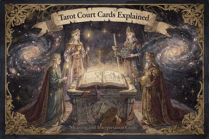 Four tarot court cards displaying distinct symbolic imagery and characteristics for interpreting personality archetypes.