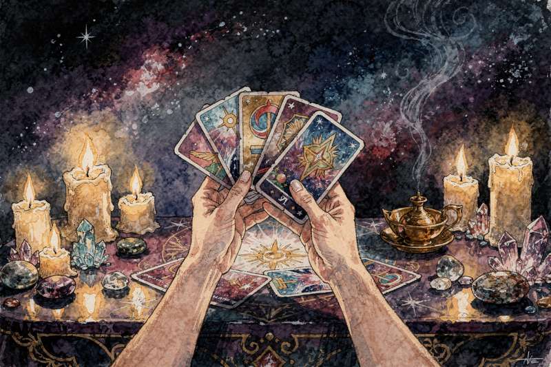 Hands shuffling a spread of tarot cards with intentional technique during a divination reading.