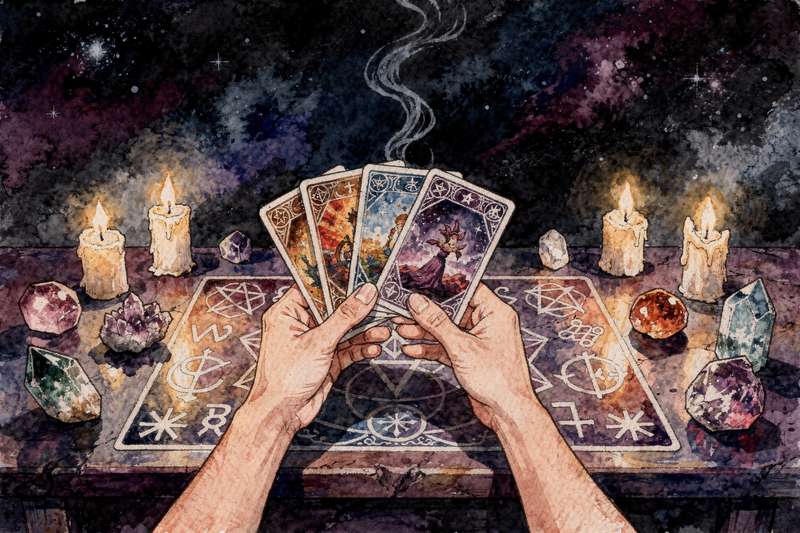 Tarot deck arranged on cloth with cleansing tools like sage, crystals, and moonlight for energy clearing.