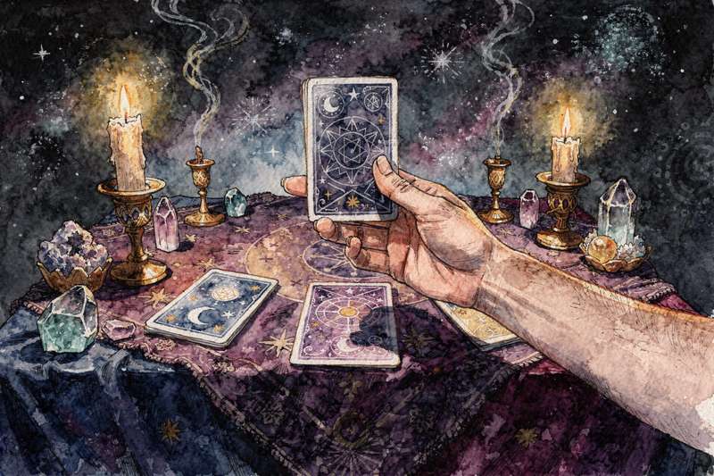 Tarot journal with handwritten cards, spread layouts, and reflective notes documenting personal spiritual insights.