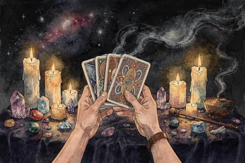 Tarot reader using intuition and personal insight to interpret card meanings during a reading session.