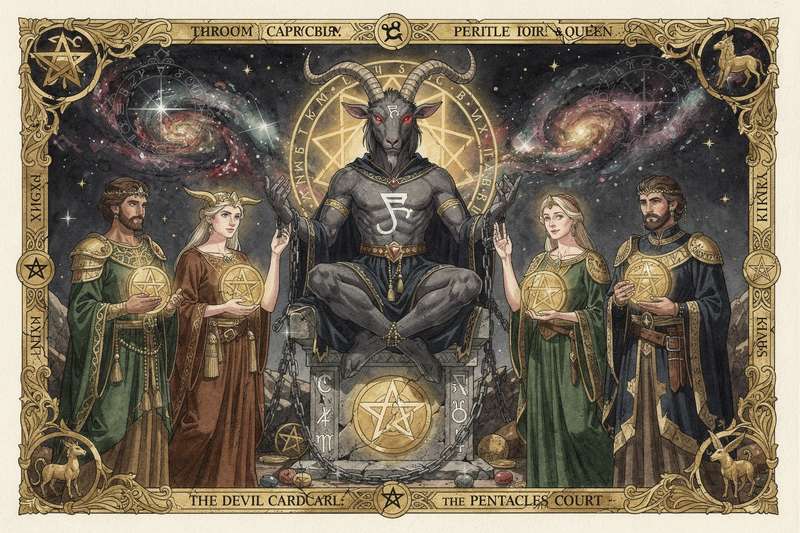 Capricorn tarot reading featuring the Devil card alongside court cards from the pentacles suit.
