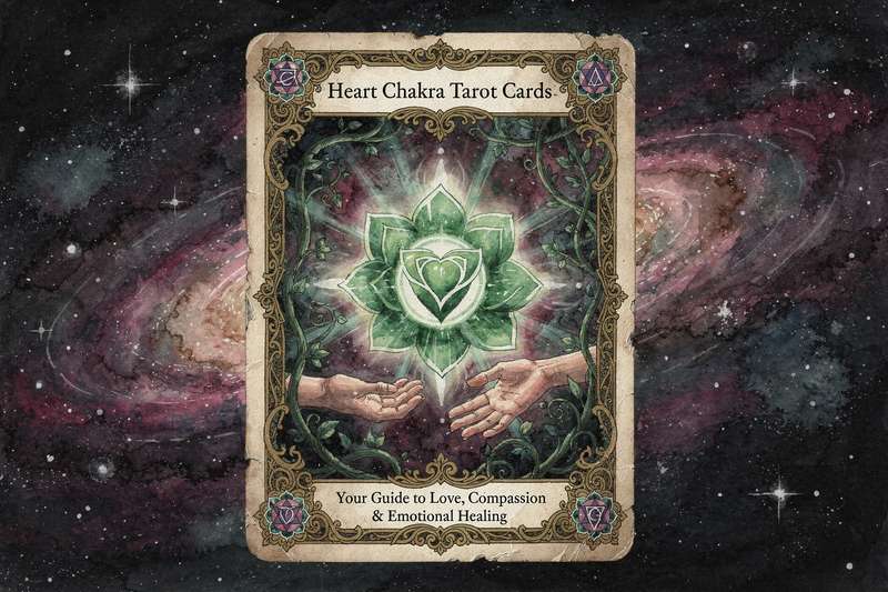 Tarot cards arranged in a spread representing heart chakra themes of love, compassion, and emotional balance.