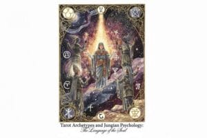 Tarot card spread illustrating symbolic archetypes and their connection to Jungian psychological concepts and unconscious...