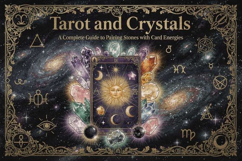 Arrangement of tarot cards displayed alongside various polished crystals and stones for energy work.