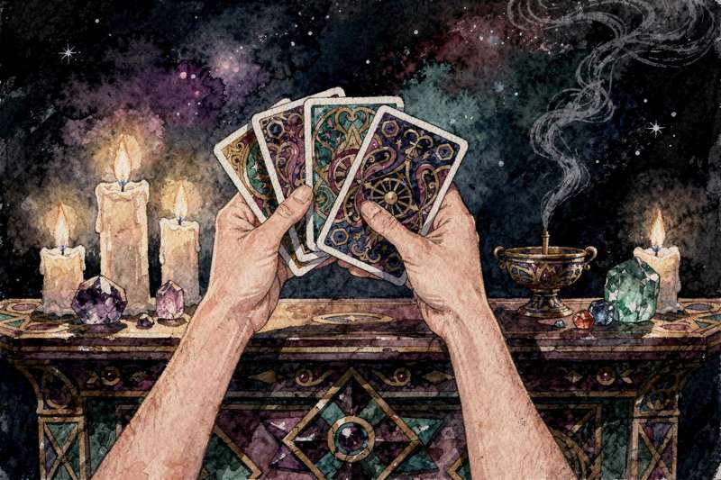 Tarot cards spread on a table during an intuitive reading session for another person.