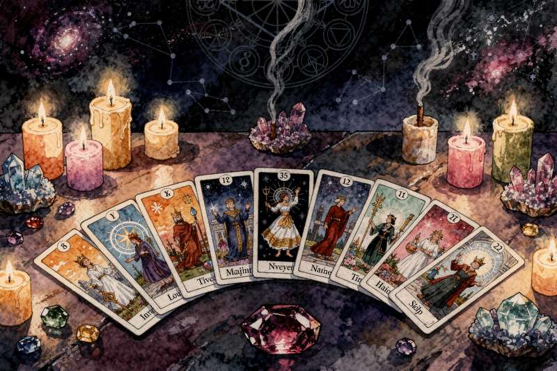 Tarot cards from the Major Arcana deck arranged in a spread for divination and spiritual interpretation.