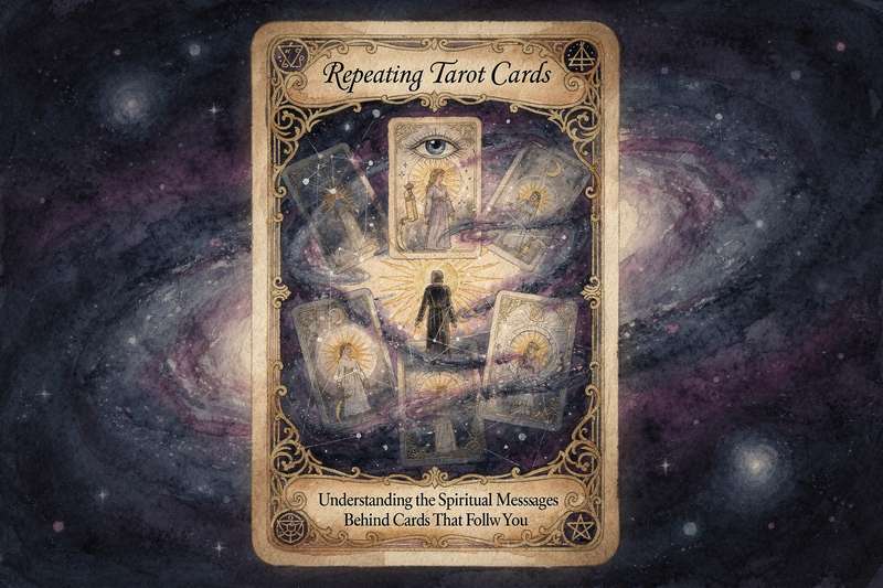 Spread of tarot cards with repeated symbols appearing across multiple cards representing recurring spiritual messages.