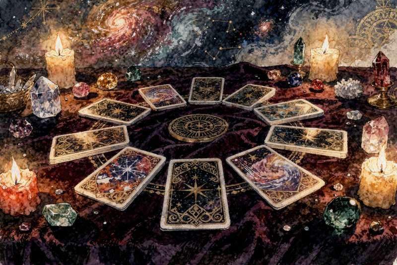 A collection of tarot cards arranged in various spread patterns on a dark surface for divination readings.