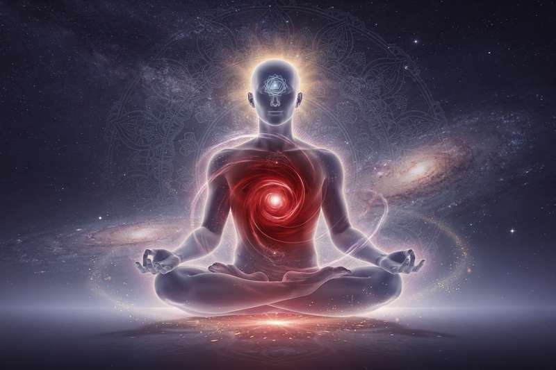 Red energy center at the base of spine showing signs of imbalance and blockage in the root chakra.