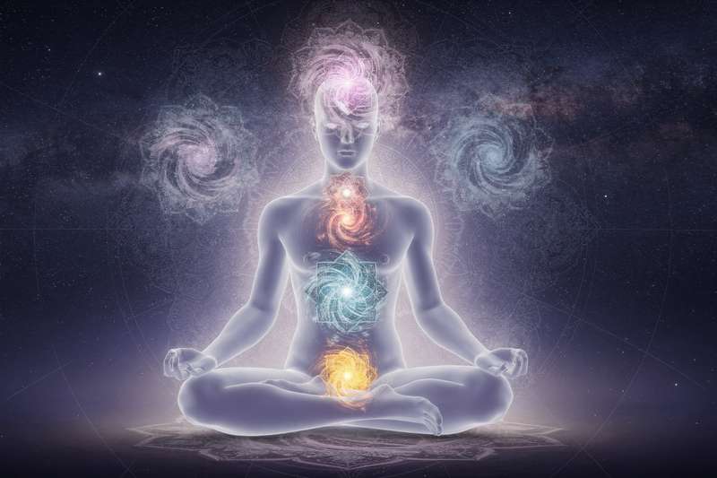 Ancient Sanskrit text displaying the seven chakra names with their corresponding symbols and energy centers.