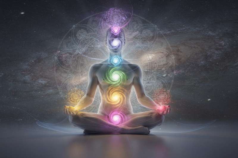 Person meditating with glowing energy centers aligned along the spine during chakra balancing practice.