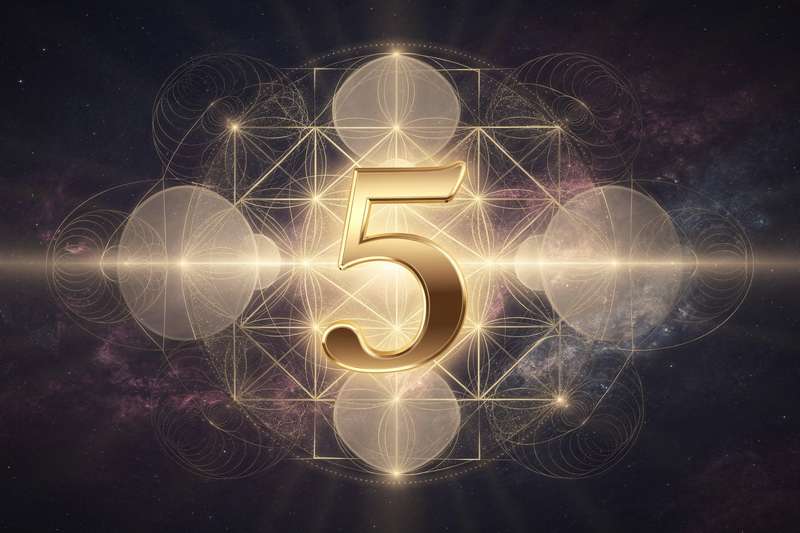 Numerology wheel highlighting the number 5 with symbols representing freedom, change and adventure themes.