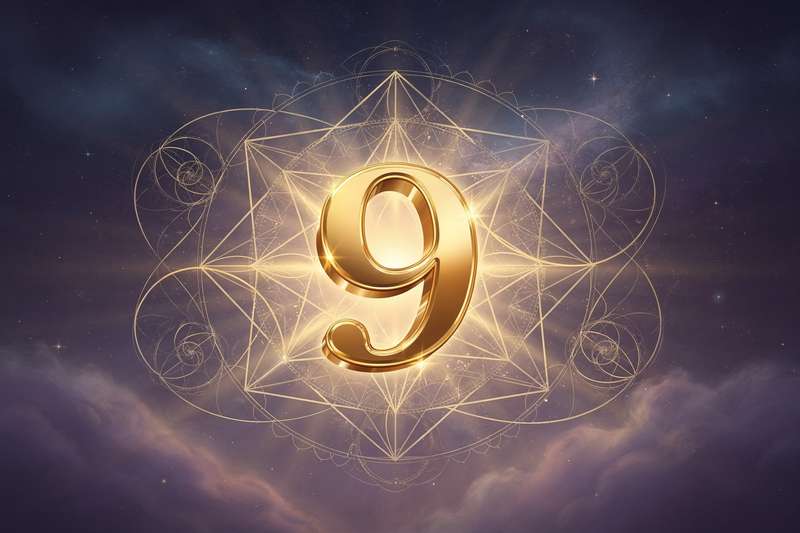 Numerology wheel displaying the number 9 with symbolic representations of closure and transformation cycles.