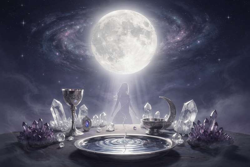Tarot cards arranged in a circular spread pattern beneath a glowing full moon for lunar divination.