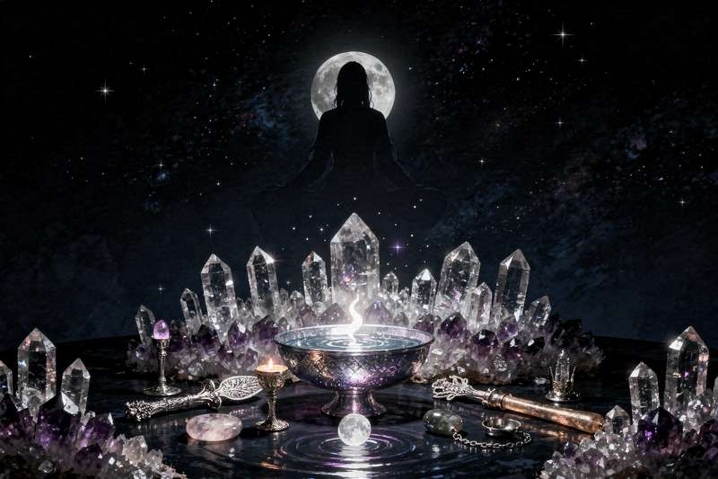 Candlelit altar setup with crystals, journal, and lunar phase chart for new moon intention setting ritual.